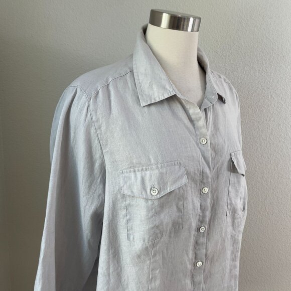 J Jill Womens Plus 1X Love Linen Button Up Shirt Gray Long Sleeve Top - Picture 2 of 9